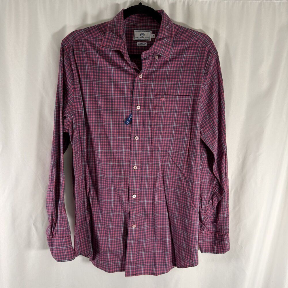 NWOT Southern Tide Shirt Men's Medium Pink Blue Plaid Long Sleeve Button Up